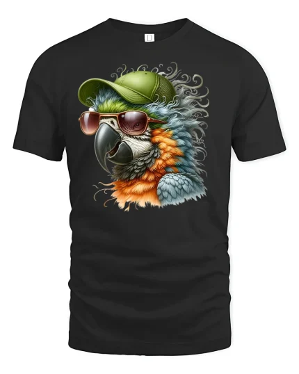 Cool Parrot Shades and Cap Tee - black t-shirt on white background