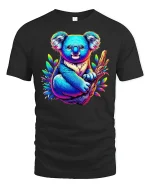 Koala Hugging Branch Tropical Art Tee - black t-shirt on white background