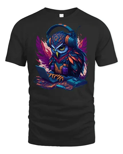 Cyber Owl Hacker Gamer Tee - black t-shirt on white background