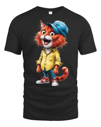 Cool Hipster Cat in Yellow Shirt - black t-shirt on white background