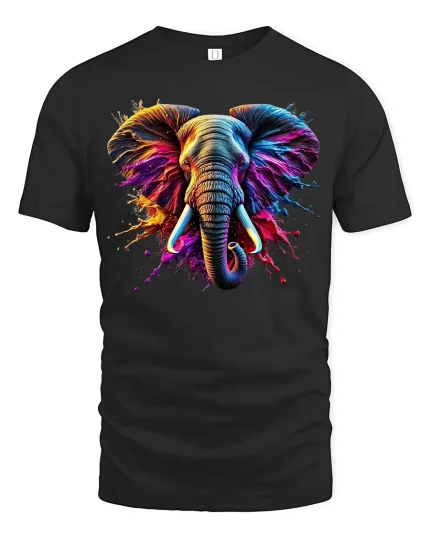 Artistic Wild Elephant Splash Tee - black t-shirt on white background