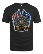 Proud U.S. Navy Crest and Flags Tee - black t-shirt on white background