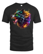 Burning Wolf Head Fiery Tee - black t-shirt on white background