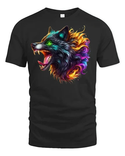 Burning Wolf Head Fiery Tee - black t-shirt on white background