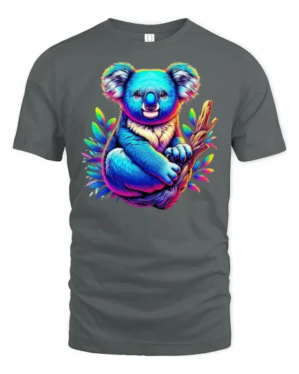 Koala Hugging Branch Tropical Art Tee - gray t-shirt on white background