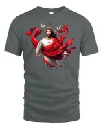 Jesus Cross Red Drape Tee - gray t-shirt on white background