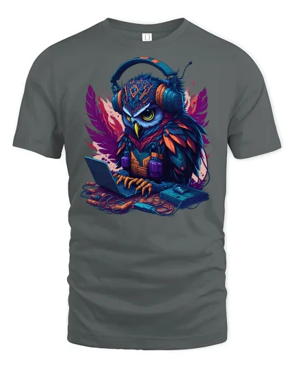 Cyber Owl Hacker Gamer Tee - gray t-shirt on white background