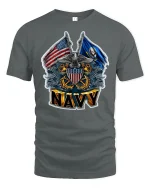 Proud U.S. Navy Crest and Flags Tee - gray t-shirt on white background