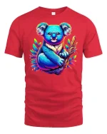 Koala Hugging Branch Tropical Art Tee - red t-shirt on white background