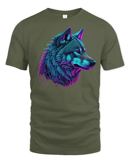 Electric Wolf Head Artistic T-shirt - military green t-shirt on white background