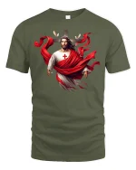 Jesus Cross Red Drape Tee - military green t-shirt on white background