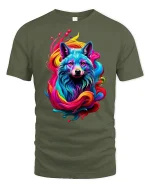 Color Splash Wolf Art Tee - military green t-shirt on white background