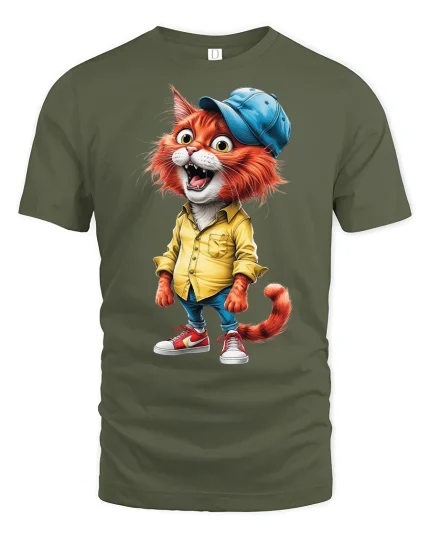Cool Hipster Cat in Yellow Shirt - military green t-shirt on white background