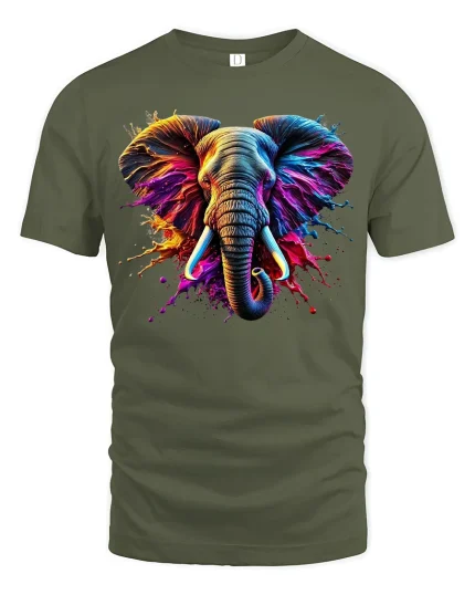 Artistic Wild Elephant Splash Tee - military green t-shirt on white background