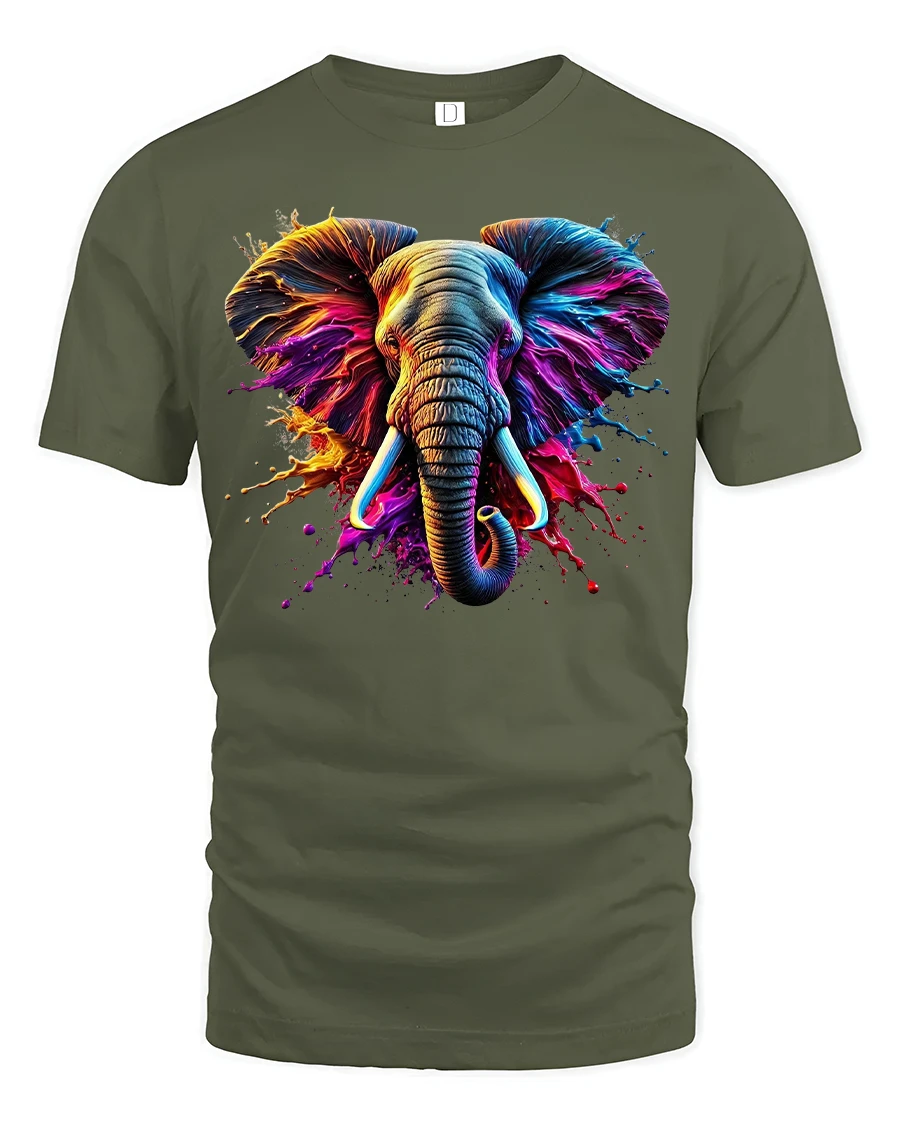 Artistic Wild Elephant Splash Tee - 1 Artistic Wild Elephant Splash Tee - military green t-shirt on white background