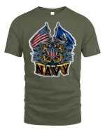 Proud U.S. Navy Crest and Flags Tee - military green t-shirt on white background
