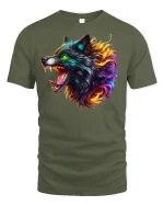 Burning Wolf Head Fiery Tee - military green t-shirt on white background