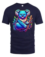 Koala Hugging Branch Tropical Art Tee - navy t-shirt on white background