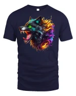 Burning Wolf Head Fiery Tee - navy t-shirt on white background