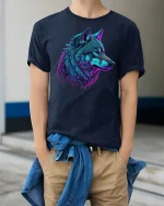Electric Wolf Head Artistic T-shirt - model wearing Navy T-shirt, hands in pockets, denim shirt at waist