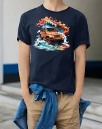 Adventure Wave Rider Off-Road Jeep Tee - model wearing Navy T-shirt, hands in pockets, denim shirt at waist