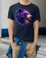 Wild Roar Bear Streetwear Tee - model wearing Navy T-shirt, hands in pockets, denim shirt at waist