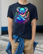 Koala Hugging Branch Tropical Art Tee - model wearing Navy T-shirt, hands in pockets, denim shirt at waist