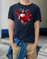 Jesus Cross Red Drape Tee - model wearing Navy T-shirt, hands in pockets, denim shirt at waist
