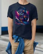 Cyber Owl Hacker Gamer Tee - model wearing Navy T-shirt, hands in pockets, denim shirt at waist