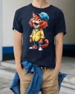 Cool Hipster Cat in Yellow Shirt - model wearing Navy T-shirt, hands in pockets, denim shirt at waist