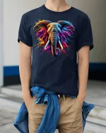 Artistic Wild Elephant Splash Tee - model wearing Navy T-shirt, hands in pockets, denim shirt at waist