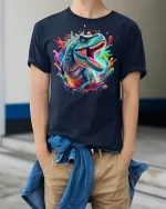 Fierce Blue T-Rex Color Burst Tee - model wearing Navy T-shirt, hands in pockets, denim shirt at waist