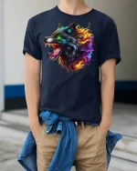 Burning Wolf Head Fiery Tee - model wearing Navy T-shirt, hands in pockets, denim shirt at waist