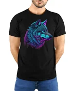 Electric Wolf Head Artistic T-shirt - model with hands behind back, wearing Black T-shirt and blue jeans