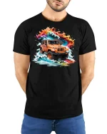 Adventure Wave Rider Off-Road Jeep Tee - model with hands behind back, wearing Black T-shirt and blue jeans