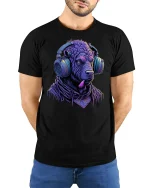 DJ Beast Vibes Neon Headphones T-shirt - model with hands behind back, wearing Black T-shirt and blue jeans