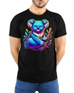 Koala Hugging Branch Tropical Art Tee - model with hands behind back, wearing Black T-shirt and blue jeans