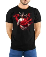 Jesus Cross Red Drape Tee - model with hands behind back, wearing Black T-shirt and blue jeans