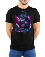 Cyber Owl Hacker Gamer Tee - model with hands behind back, wearing Black T-shirt and blue jeans