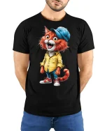 Cool Hipster Cat in Yellow Shirt - model with hands behind back, wearing Black T-shirt and blue jeans