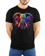 Artistic Wild Elephant Splash Tee - model with hands behind back, wearing Black T-shirt and blue jeans