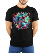 Fierce Blue T-Rex Color Burst Tee - model with hands behind back, wearing Black T-shirt and blue jeans