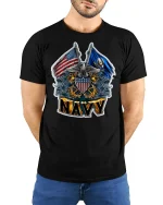Proud U.S. Navy Crest and Flags Tee - model with hands behind back, wearing Black T-shirt and blue jeans