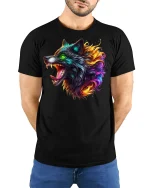 Burning Wolf Head Fiery Tee - model with hands behind back, wearing Black T-shirt and blue jeans