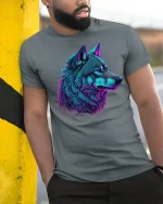 Electric Wolf Head Artistic T-shirt - model leaning on yellow-black pole, wearing Gray T-shirt, hand in pocket