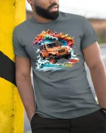 Adventure Wave Rider Off-Road Jeep Tee - model leaning on yellow-black pole, wearing Gray T-shirt, hand in pocket