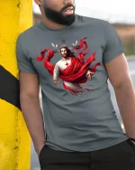 Jesus Cross Red Drape Tee - model leaning on yellow-black pole, wearing Gray T-shirt, hand in pocket