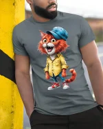 Cool Hipster Cat in Yellow Shirt - model leaning on yellow-black pole, wearing Gray T-shirt, hand in pocket