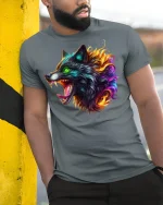 Burning Wolf Head Fiery Tee - model leaning on yellow-black pole, wearing Gray T-shirt, hand in pocket
