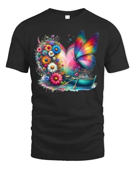 Rainbow Butterfly Garden Boat Tee - black t-shirt on white background